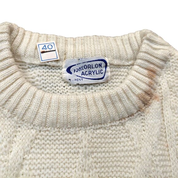 Vintage 1940s-1950s Cream Cable Knit Long Sleeve Crewneck Sweater Medium - Picture 7 of 9